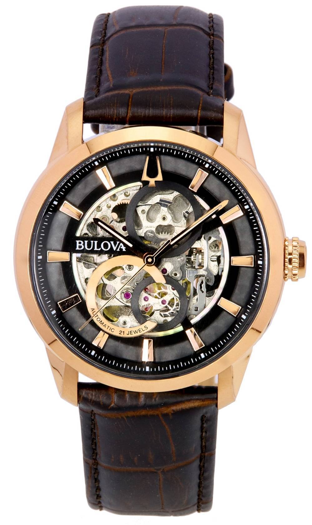 Bulova Classic Sutton Black Skeleton Dial Automatic. A brand-new Bulova Classic watch featuring a Black Skeleton dial and a Leather strap. Front view.