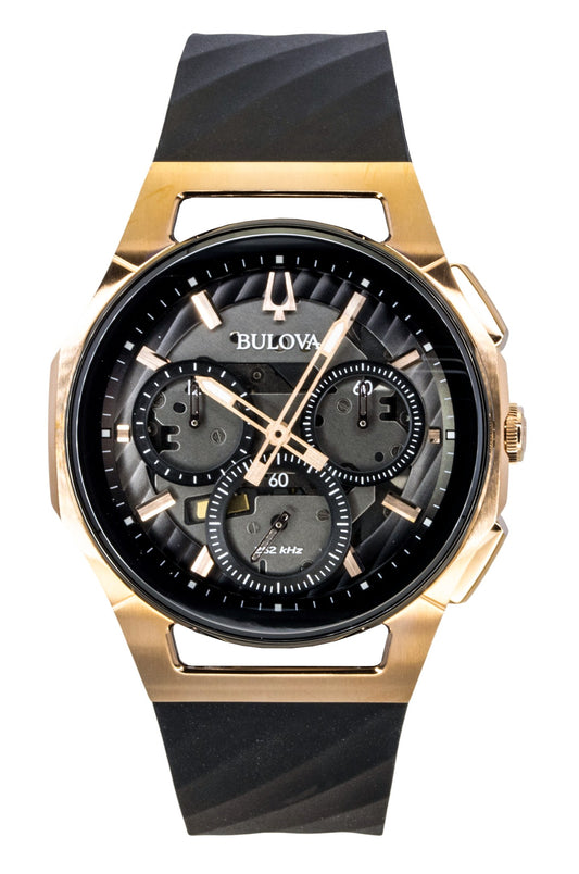 Bulova Curv Chronograph Rubber Strap Black Dial Quartz. A brand-new Bulova Curv watch featuring a Black dial and a Rubber strap. Front view.
