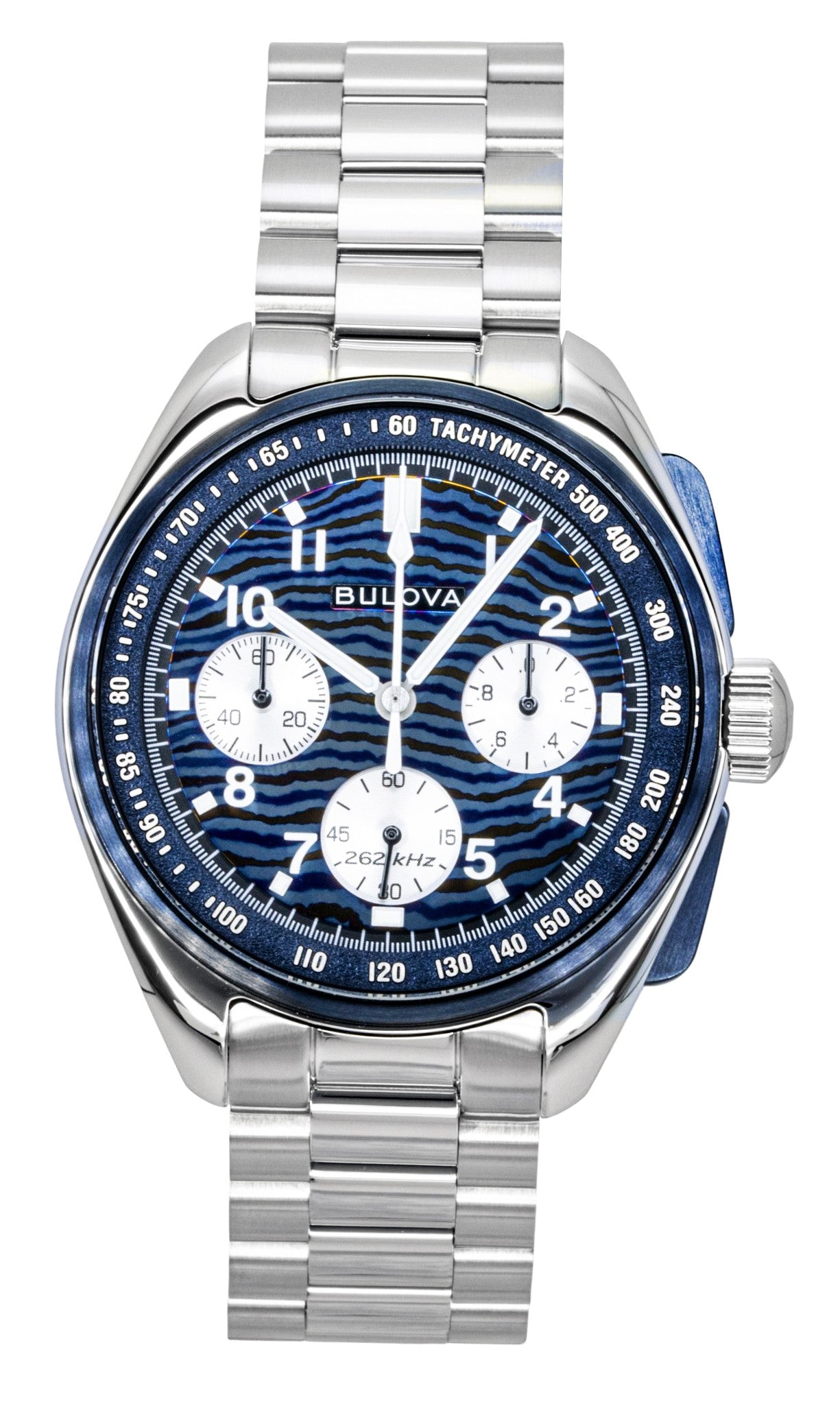 Bulova Lunar Pilot Timascus Chronograph 150th Anniversary. A brand-new Bulova watch featuring a Blue dial. Front view.