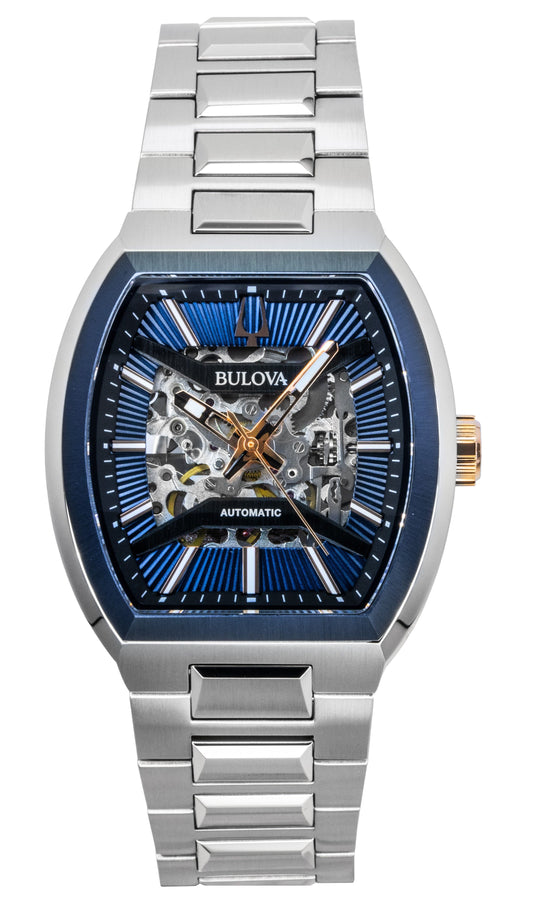 Bulova Maquina Stainless Steel Blue Dial Automatic. A brand-new Bulova Maquina watch featuring a Blue dial and a Leather strap. Angled view.