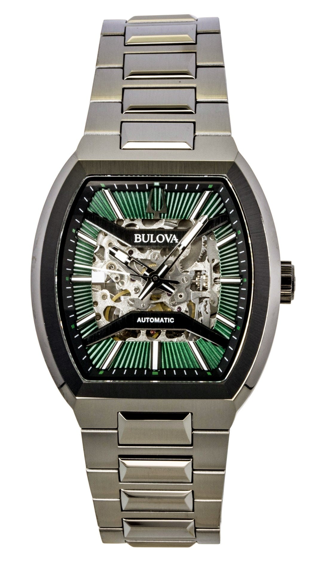 Bulova Maquina Stainless Steel Green Skeleton Dial Automatic. A brand-new Bulova Maquina watch featuring a Stainless steel strap. Side view.