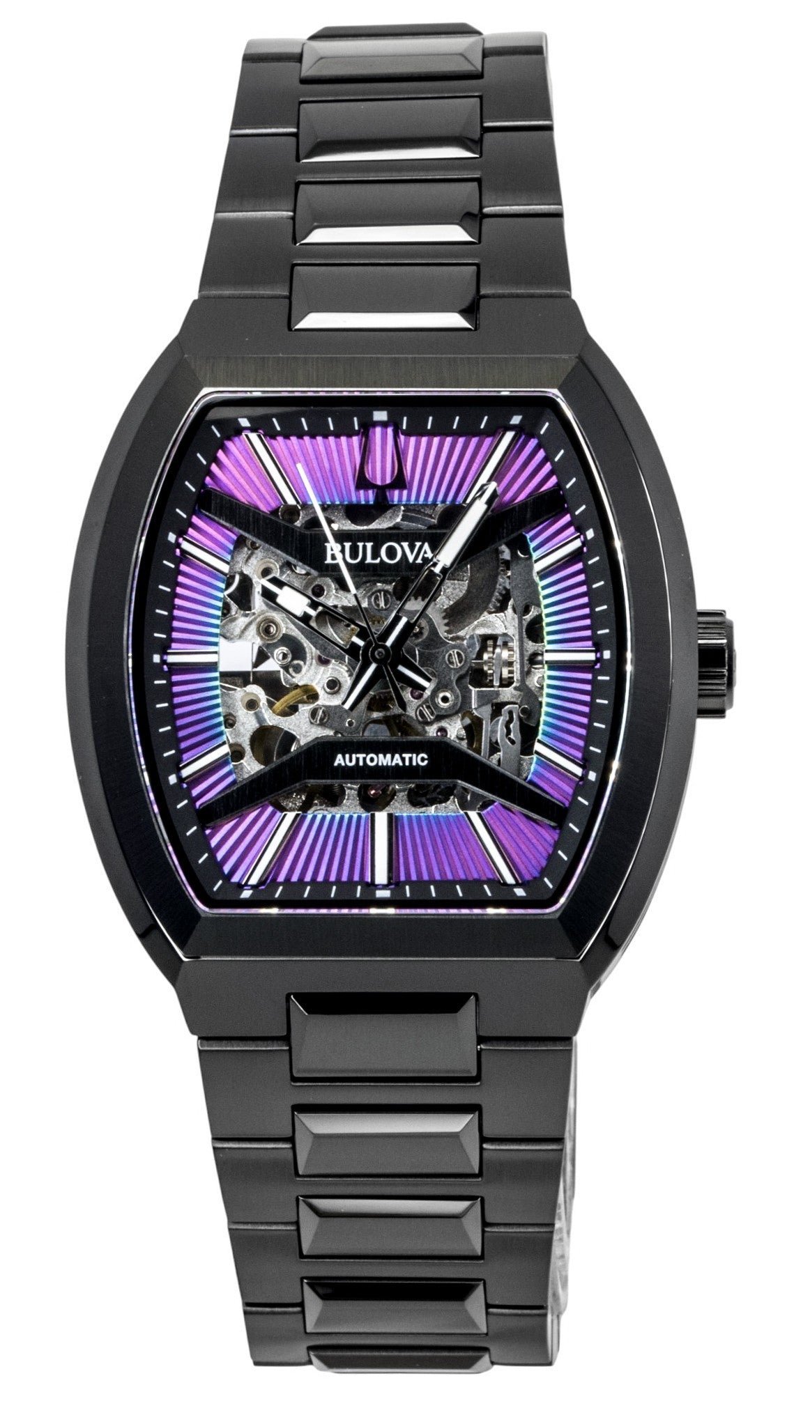 Bulova Maquina Stainless Steel Multicolor Semi-Skeleton. A brand-new Bulova Maquina watch featuring a Stainless steel strap. Side view.
