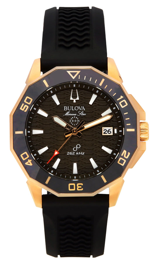 Bulova Marine Star Black Silicone Strap Brown Dial. A brand-new Bulova Marine Star watch featuring a Silicone strap. Front view.