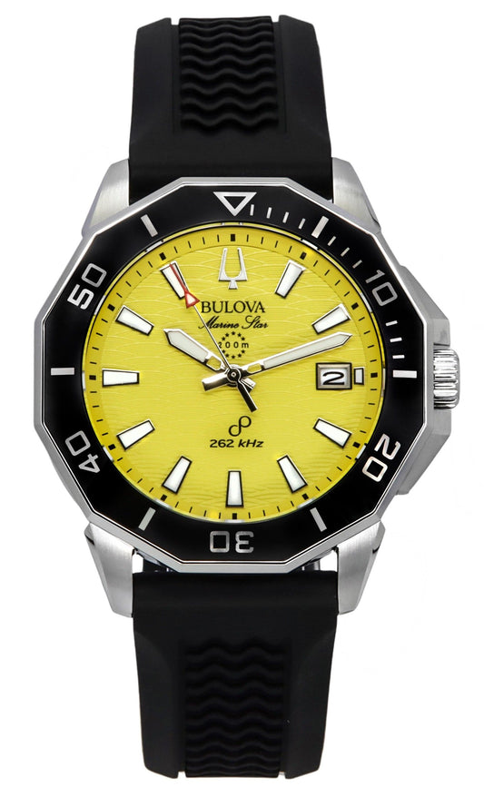 Bulova Marine Star Black Silicone Strap Yellow Dial. A brand-new Bulova Marine Star watch featuring a Yellow dial and a Silicone strap. Front view.