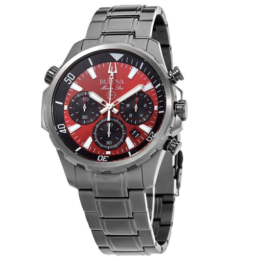 Bulova Marine Star Chronograph Quartz 100M Water Resistant. A brand-new Bulova Marine Star watch featuring a Stainless steel strap. Front view.