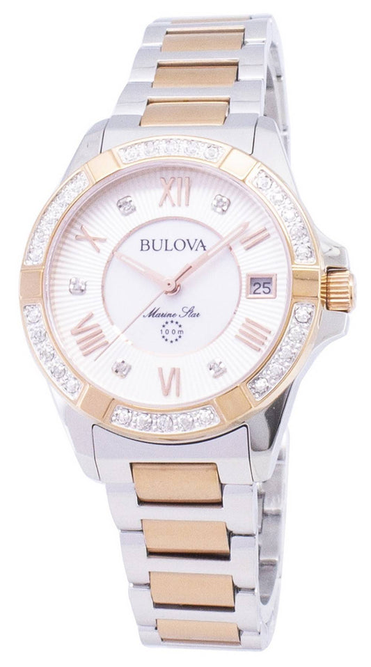 Bulova Marine Star Diamond Accent Quartz Wo Water Resistant. A brand-new Bulova Marine Star watch featuring a Stainless steel strap. Side view.