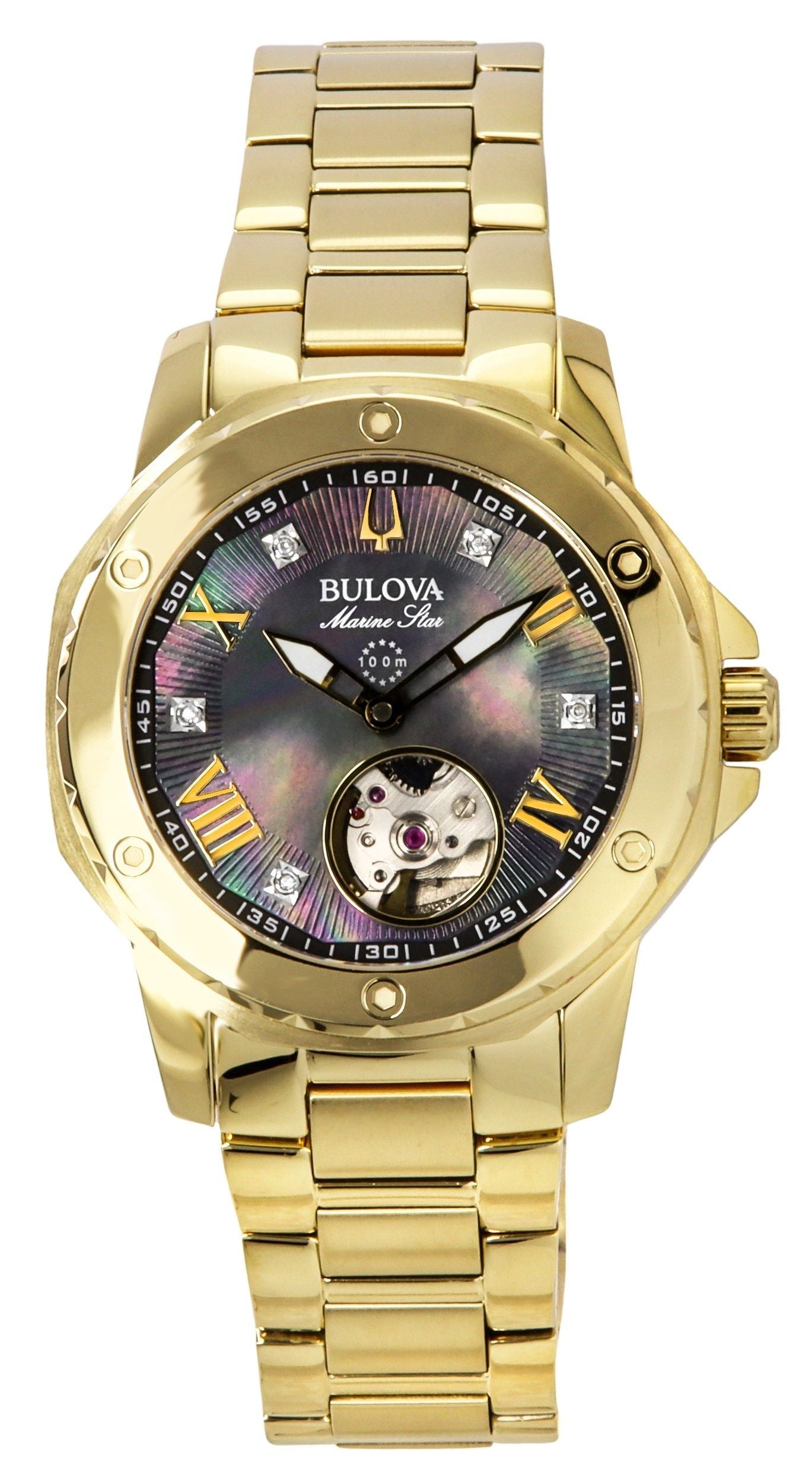 Bulova Marine Star Gold Tone Stainless Steel Black Mother. A brand-new Bulova Marine Star watch featuring a Mother Of Pearl dial and a Stainless steel strap. Front view.