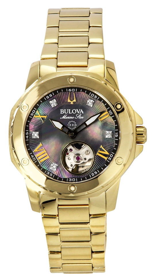 Bulova Marine Star Gold Tone Stainless Steel Black Mother. A brand-new Bulova Marine Star watch featuring a Mother Of Pearl dial and a Stainless steel strap. Front view.