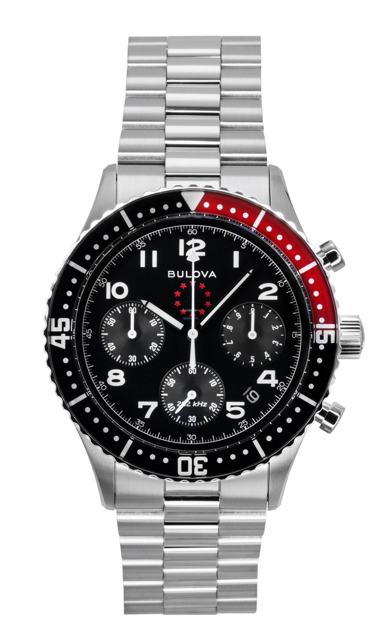 Bulova Marine Star Heritage Special Edition Chronograph. A brand-new Bulova Marine Star watch featuring a Black dial. Side view.
