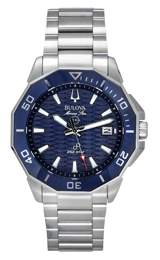 Bulova Marine Star Precisionist Stainless Steel Blue Dial. A brand-new Bulova Marine Star watch featuring a Blue dial and a Stainless steel strap. Side view.