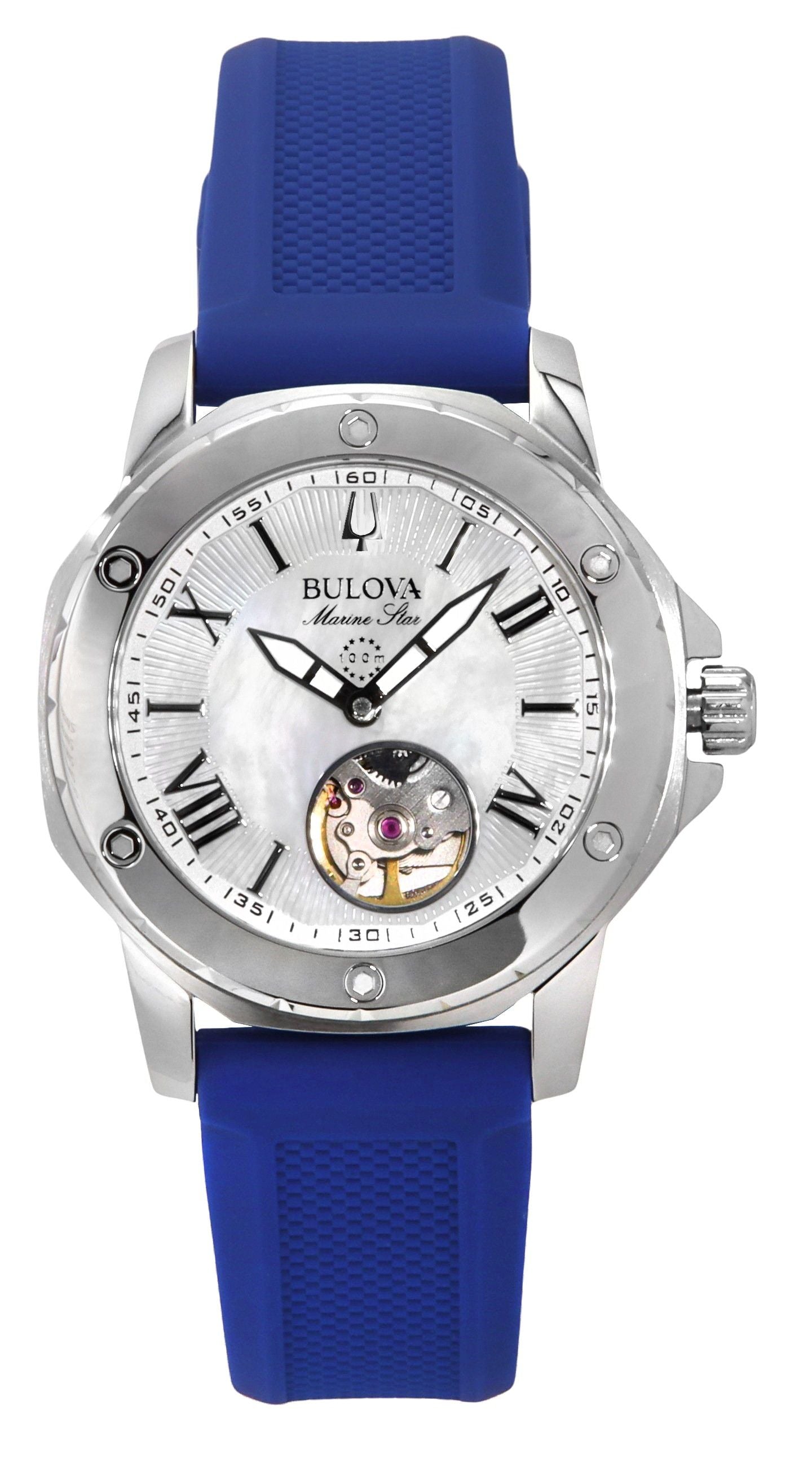 Bulova Marine Star Silicone Strap Mother Of Pearl Dial. A brand-new Bulova Marine Star watch featuring a Mother Of Pearl dial and a Silicone strap. Side view.