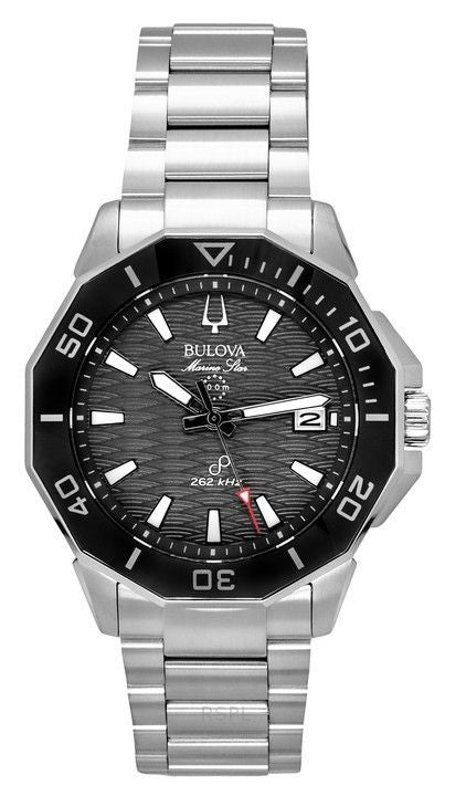 Bulova Marine Star Stainless Steel Black Dial Precisionist. A brand-new Bulova Marine Star watch featuring a Black dial and a Stainless steel strap. Angled view.