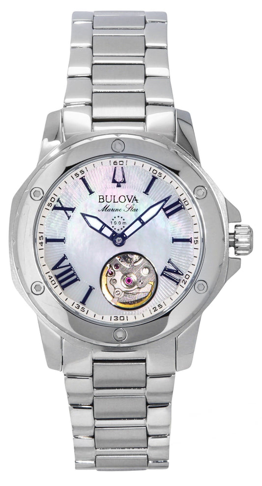 Bulova Marine Star Stainless Steel Mother Of Pearl Dial. A brand-new Bulova Marine Star watch featuring a Mother Of Pearl dial and a Stainless steel strap. Side view.