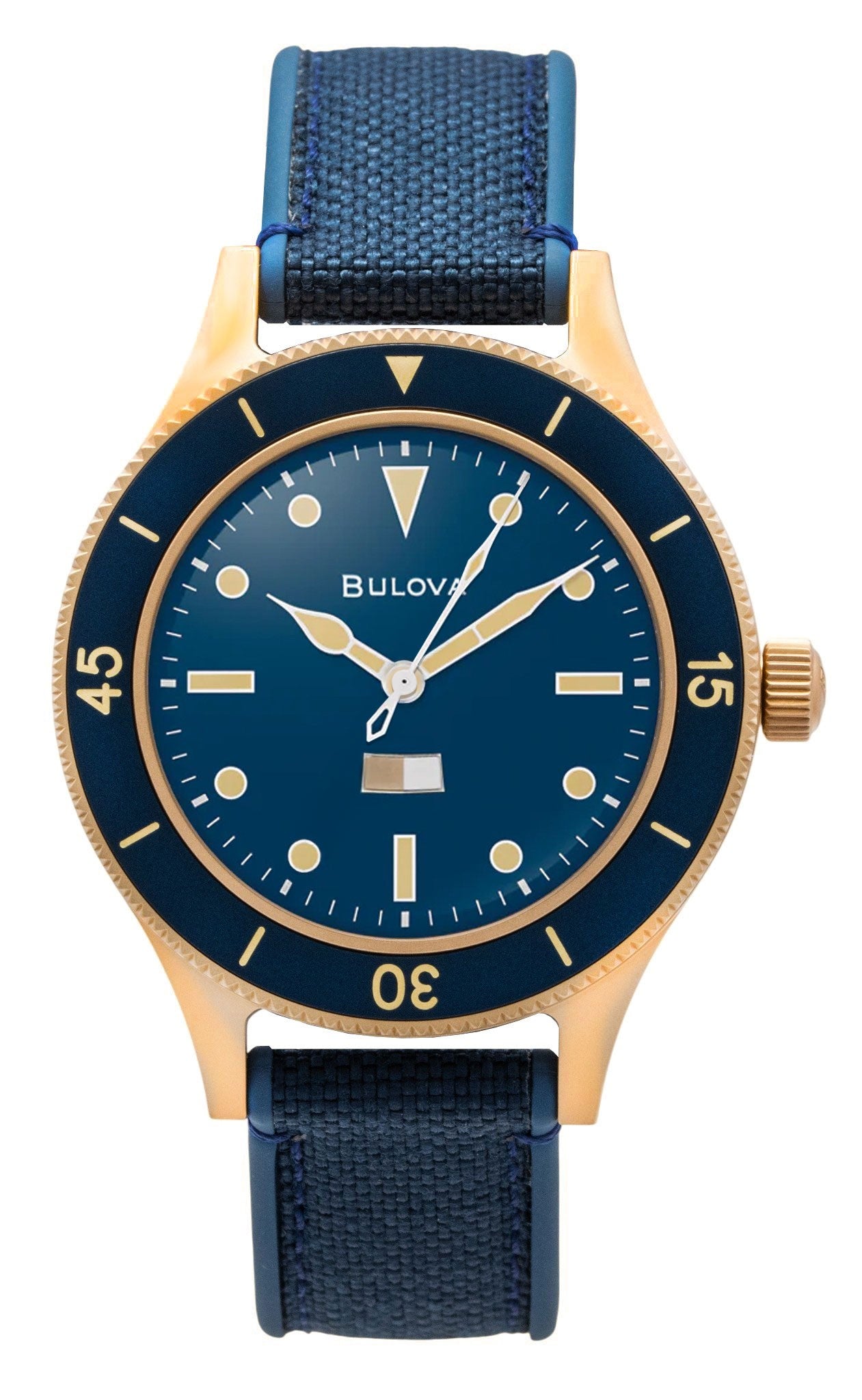 Bulova Mil Ships 150th Anniversary Special Edition Blue. A brand-new Bulova watch featuring a Blue dial. Front view.