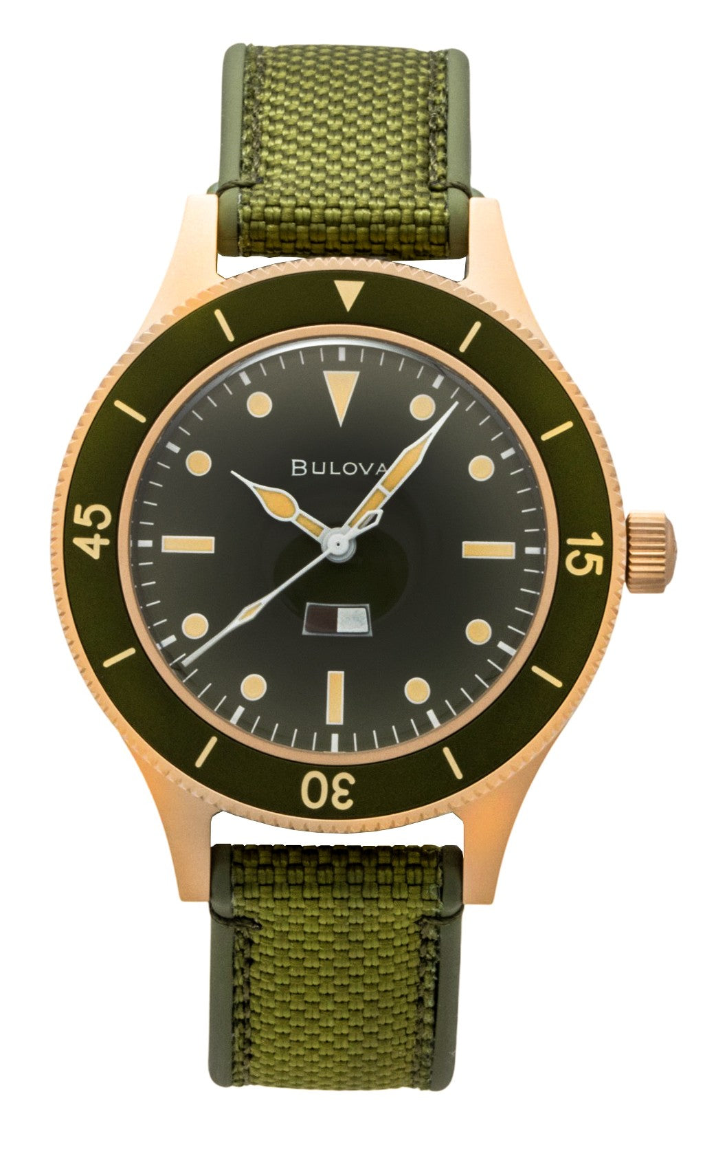 Bulova Mil Ships 150th Anniversary Special Edition Green. A brand-new Bulova watch featuring a Green dial. Front view.