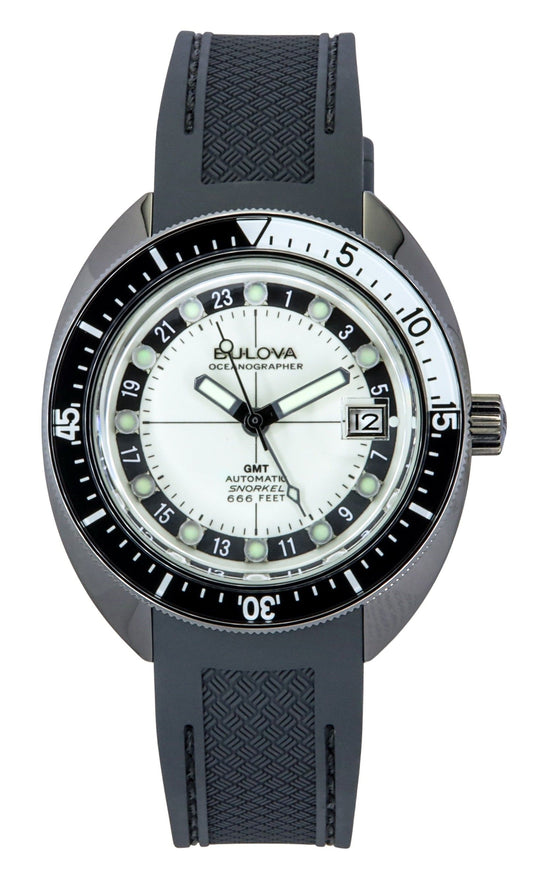 Bulova Oceanographer GMT PU Strap Full Lume White Dial. A brand-new Bulova Oceanographer watch featuring a White dial. Side view.