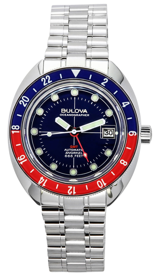 Bulova Oceanographer GMT Stainless Steel Blue Dial. A brand-new Bulova Oceanographer watch featuring a Blue dial and a Stainless steel strap. Front view.