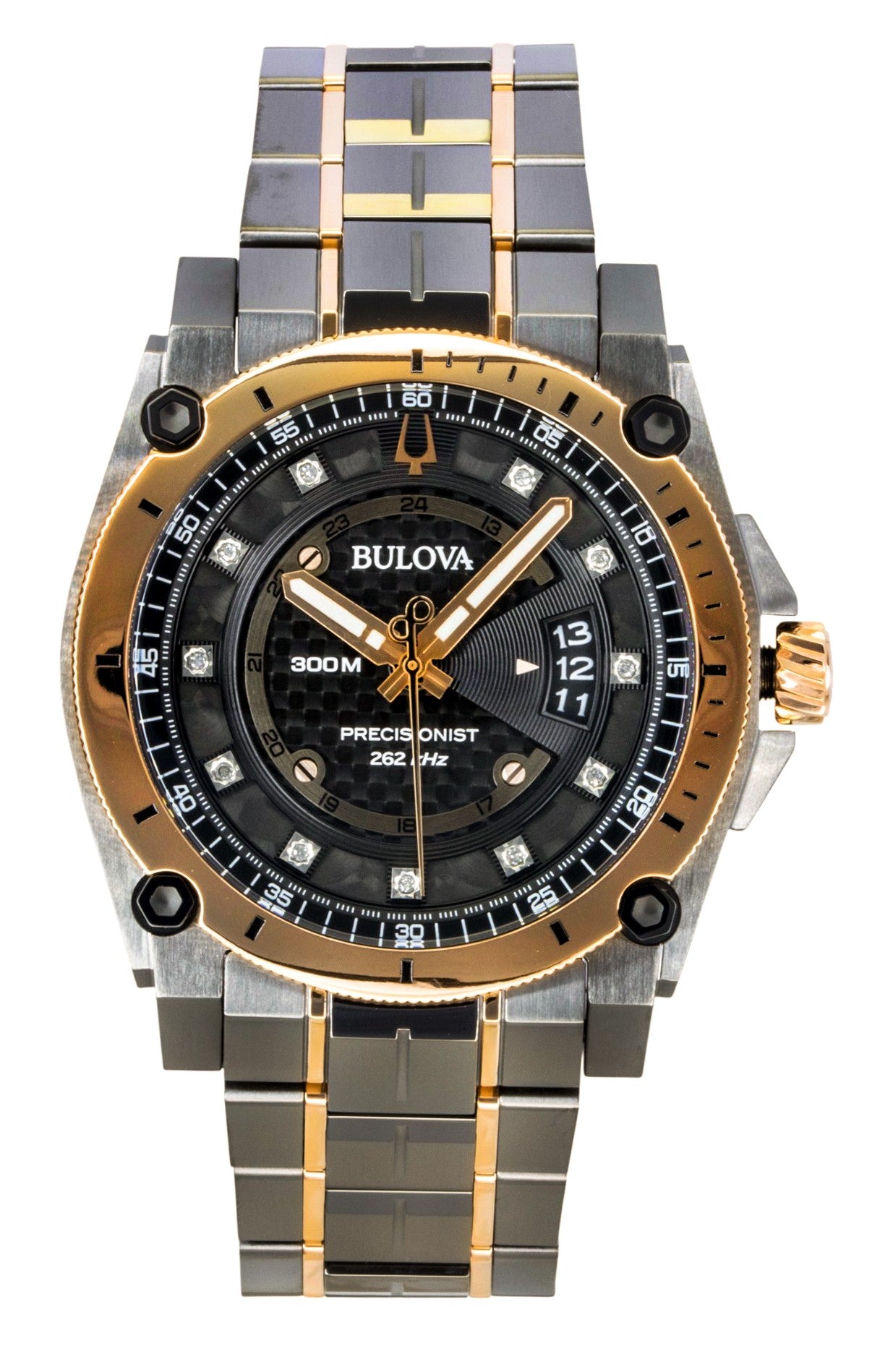 Bulova Precisionist Diamond Stainless Steel Black Dial. A brand-new Bulova Precisionist watch featuring a Black dial and a Stainless steel strap. Front view.