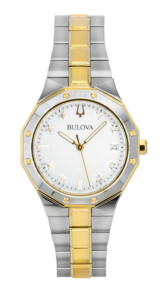 Bulova Prestige Stainless Steel Mother Of Pearl Dial Quartz. A brand-new Bulova watch featuring a Mother Of Pearl dial and a Stainless steel strap. Angled view.