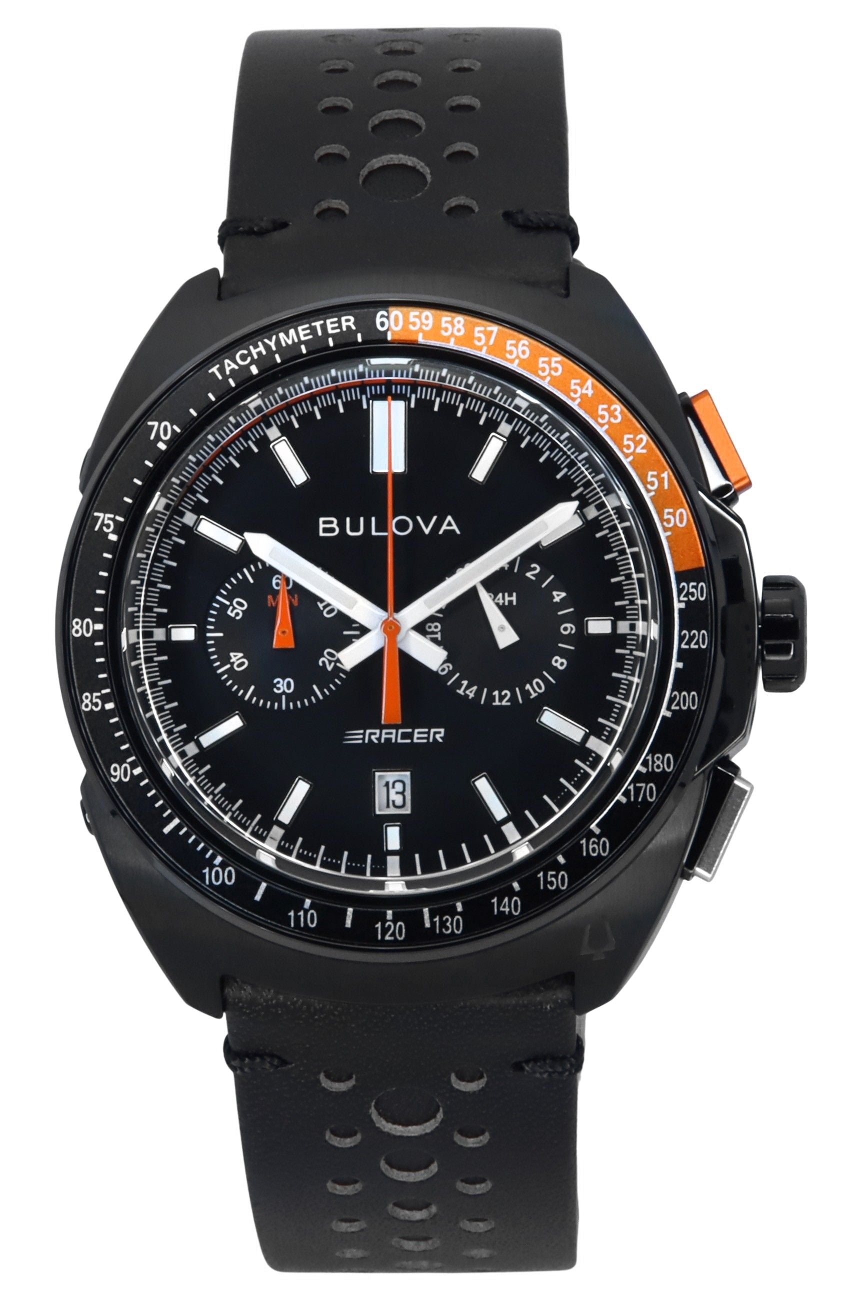 Bulova Racer Chronograph Leather Strap Black Dial Quartz. A brand-new Bulova watch featuring a Black dial and a Leather strap. Side view.