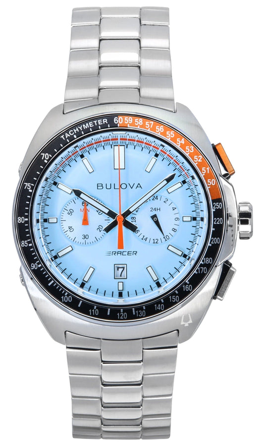 Bulova Racer Chronograph Stainless Steel Blue Dial Quartz. A brand-new Bulova watch featuring a Blue dial and a Stainless steel strap. Front view.