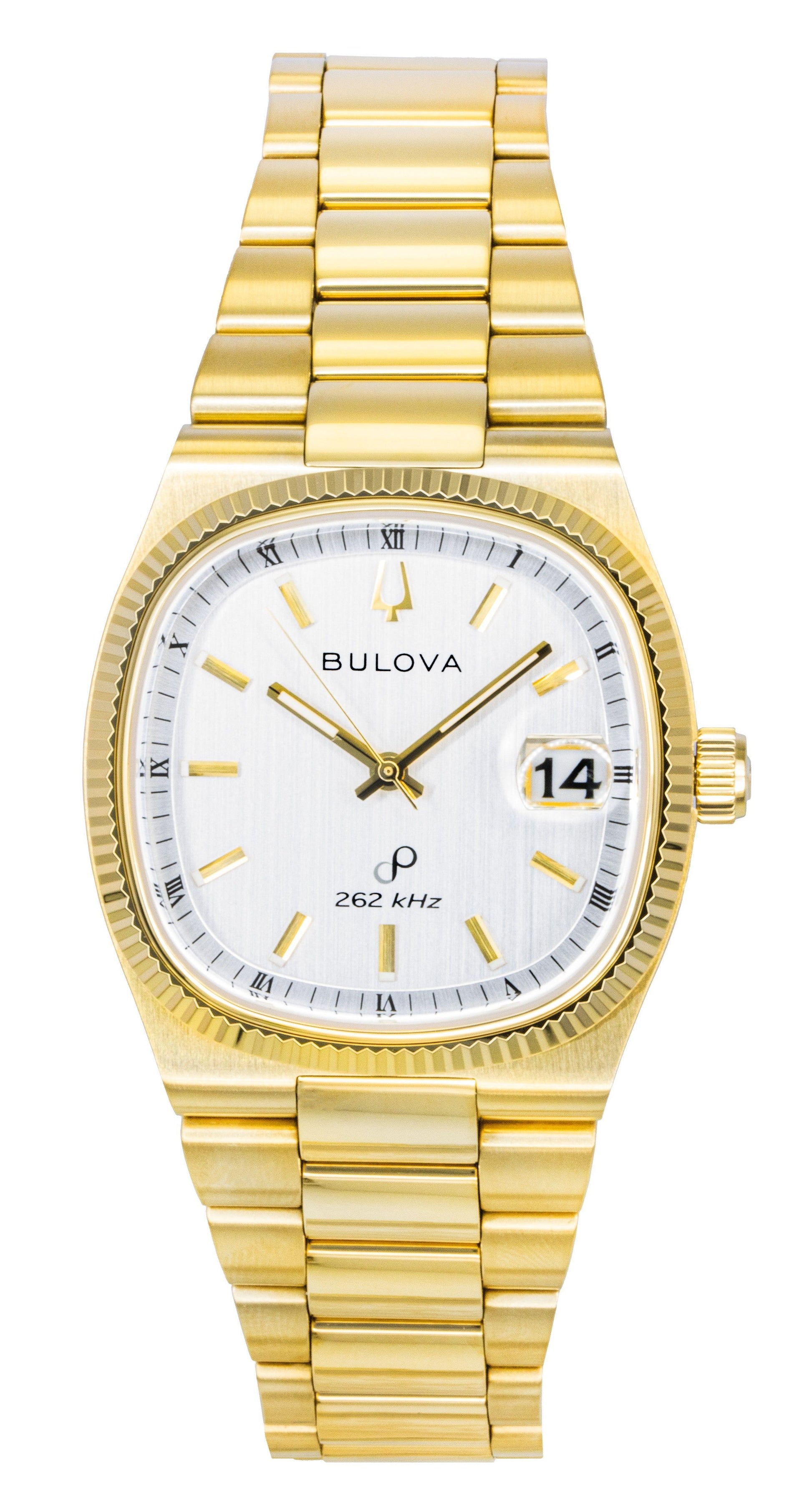 Bulova Super Seville Gold Tone Stainless Steel White Dial. A brand-new Bulova watch featuring a White dial and a Stainless steel strap. Angled view.