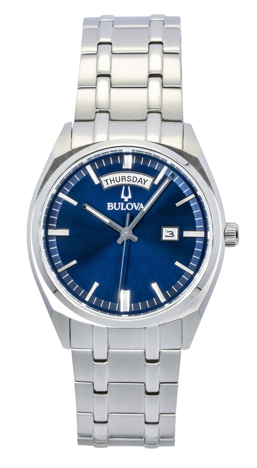 Bulova Surveyor Classic Stainless Steel Blue Dial Quartz. A brand-new Bulova Classic watch featuring a Blue dial and a Stainless steel strap. Side view.