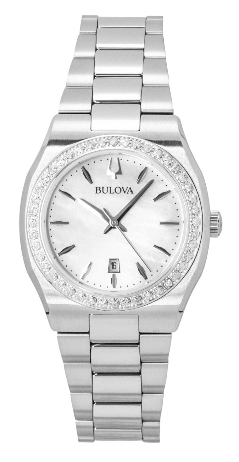 Bulova Surveyor Diamond Stainless Steel Mother Of Pearl. A brand-new Bulova watch featuring a Stainless steel strap. Angled view.
