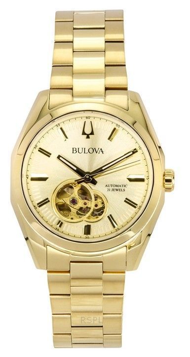 Bulova Surveyor Gold Tone Stainless Steel Open Heart. A brand-new Bulova watch featuring a Champagne dial and a Stainless steel strap. Angled view.