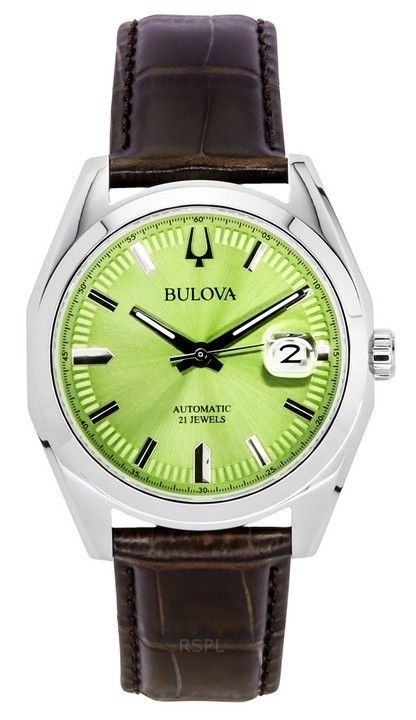 Bulova Surveyor Leather Strap Green Dial Automatic. A brand-new Bulova watch featuring a Green dial and a Leather strap. Side view.