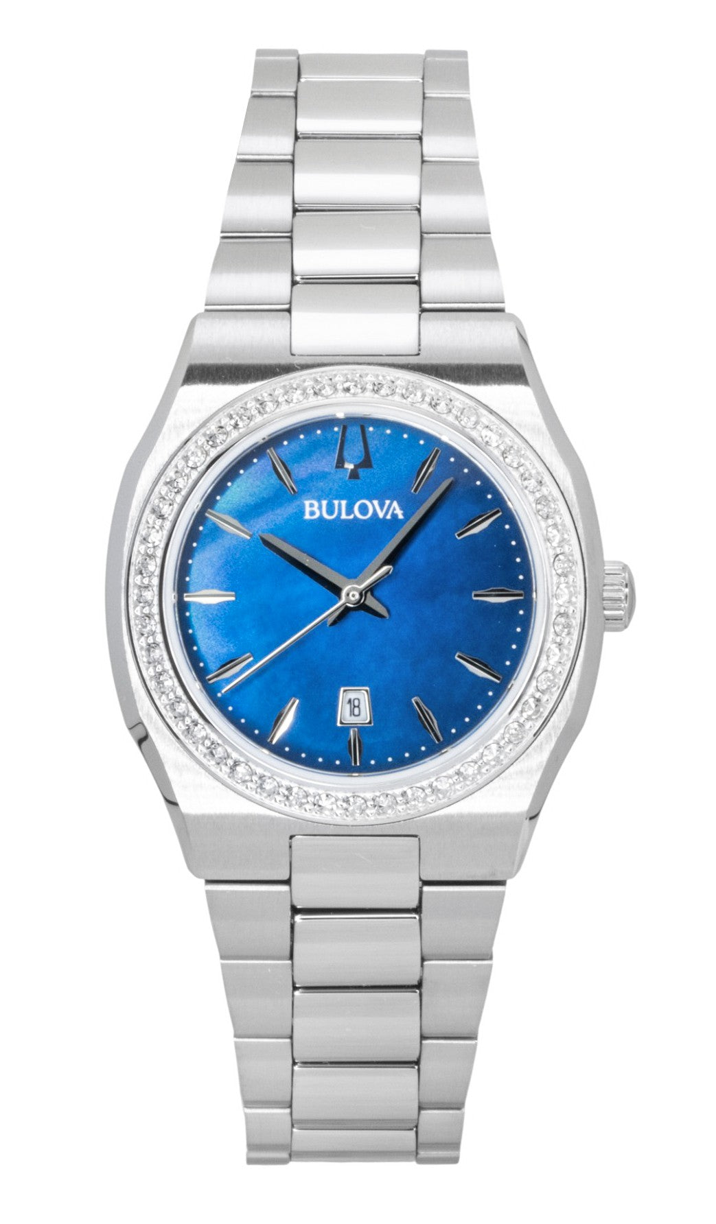 Bulova Surveyor Stainless Steel Diamond Accents Blue Mother. A brand-new Bulova watch featuring a Mother Of Pearl dial and a Stainless steel strap. Side view.