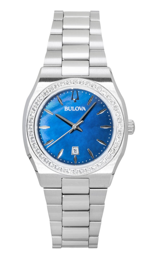 Bulova Surveyor Stainless Steel Diamond Accents Blue Mother. A brand-new Bulova watch featuring a Mother Of Pearl dial and a Stainless steel strap. Side view.