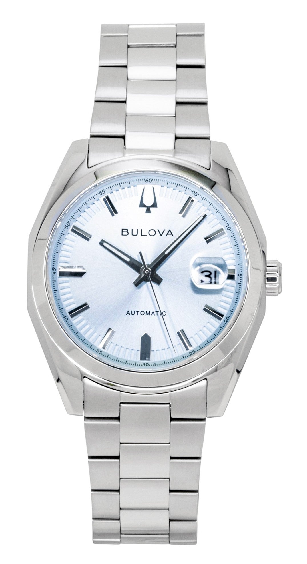 Bulova Surveyor Stainless Steel Light Blue Automatic. A brand-new Bulova watch featuring a Stainless steel strap. Front view.