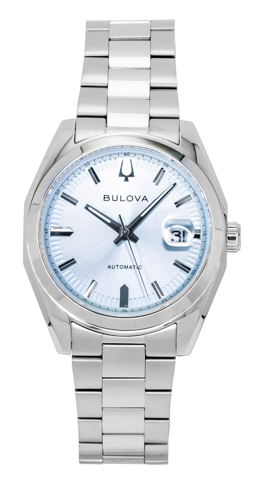 Bulova Surveyor Stainless Steel Light Blue Automatic. A brand-new Bulova watch featuring a Stainless steel strap. Front view.