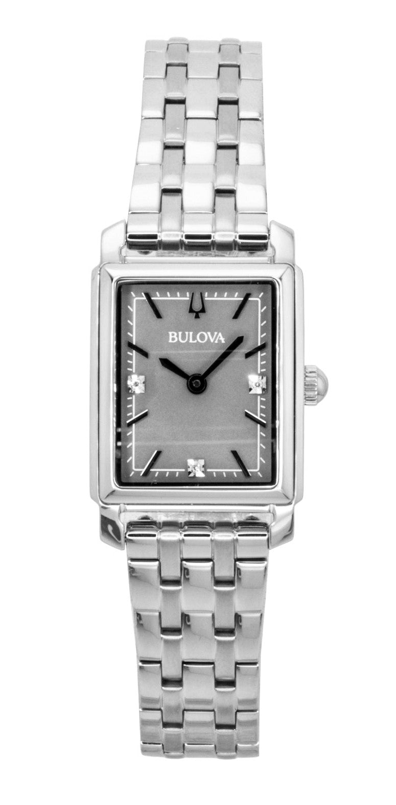 Bulova Sutton Diamond Accents Stainless Steel Grey Mother. A brand-new Bulova Sutton watch featuring a Mother Of Pearl dial and a Stainless steel strap. Front view.