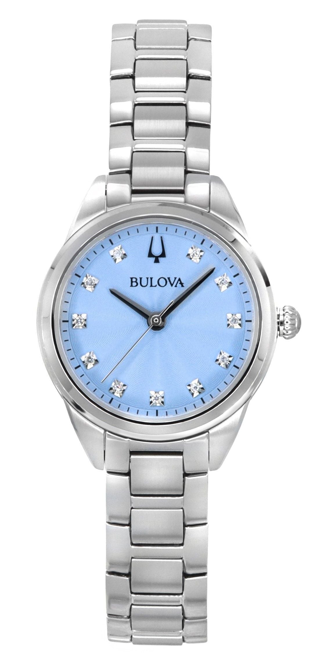 Bulova Sutton Diamond Accents Stainless Steel Light Blue. A brand-new Bulova Sutton watch featuring a Blue dial and a Stainless steel strap. Side view.
