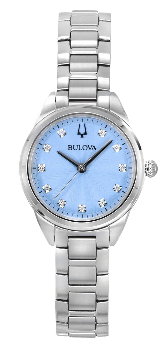 Bulova Sutton Diamond Accents Stainless Steel Light Blue. A brand-new Bulova Sutton watch featuring a Blue dial and a Stainless steel strap. Side view.