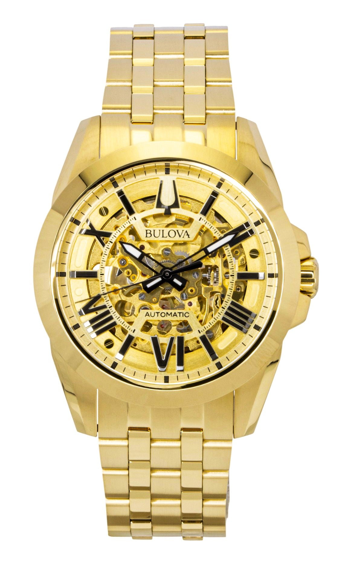 Bulova Sutton Gold Tone Stainless Steel Gold Skeleton Dial. A brand-new Bulova Sutton watch featuring a Gold Skeleton dial and a Stainless steel strap. Side view.
