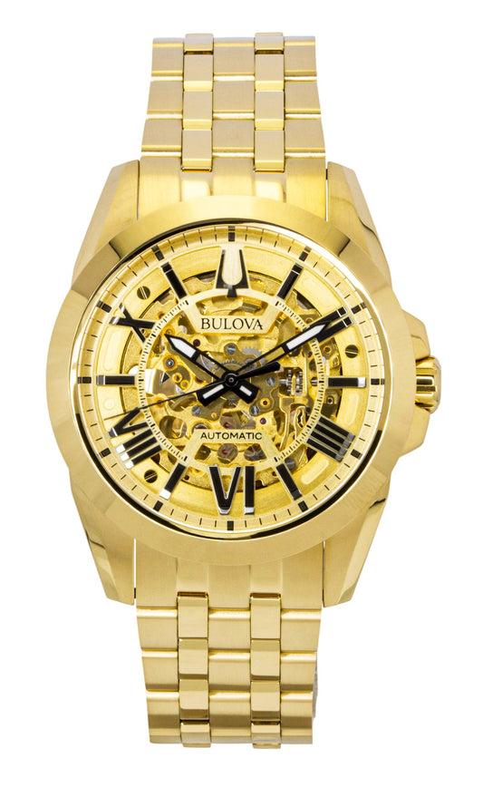 Bulova Sutton Gold Tone Stainless Steel Gold Skeleton Dial. A brand-new Bulova Sutton watch featuring a Gold Skeleton dial and a Stainless steel strap. Side view.