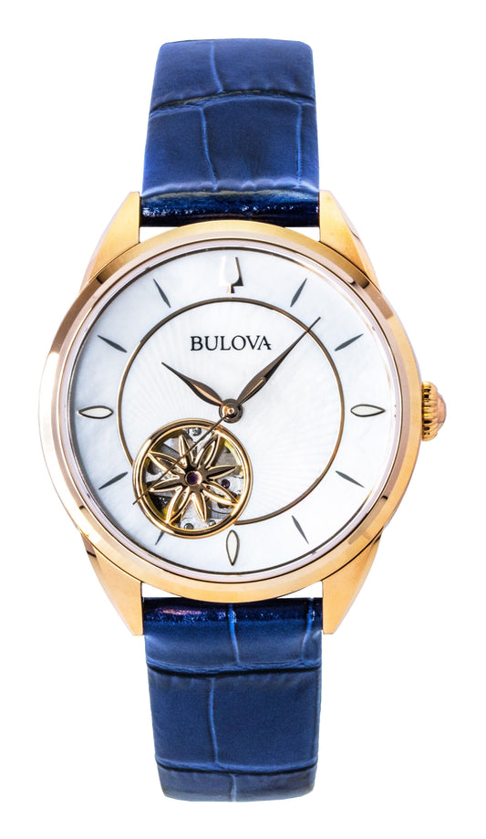 Bulova Sutton Leather Strap Open Heart Mother Of Pearl Dial. A brand-new Bulova Sutton watch featuring a Mother Of Pearl dial and a Leather strap. Angled view.