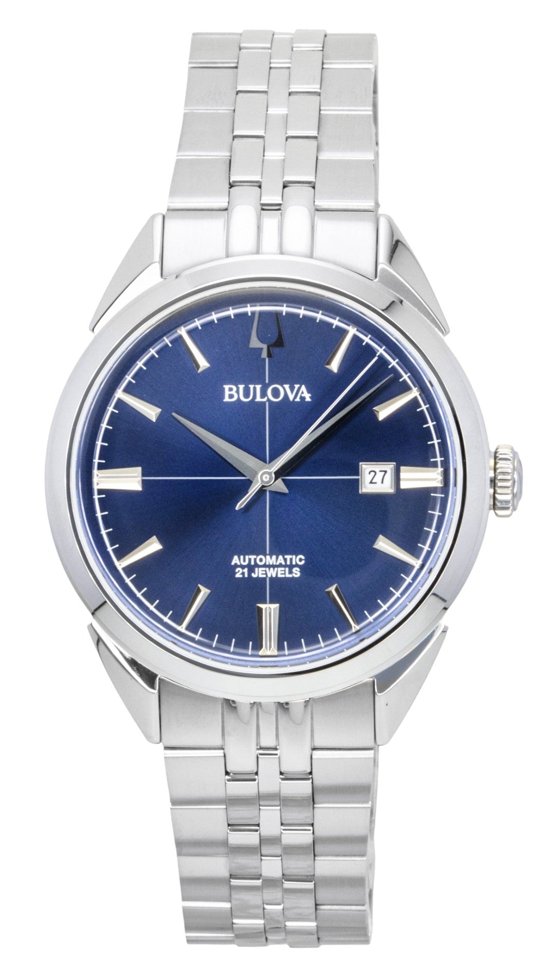 Bulova Sutton Stainless Steel Blue Dial Automatic. A brand-new Bulova Sutton watch featuring a Blue dial and a Stainless steel strap. Side view.