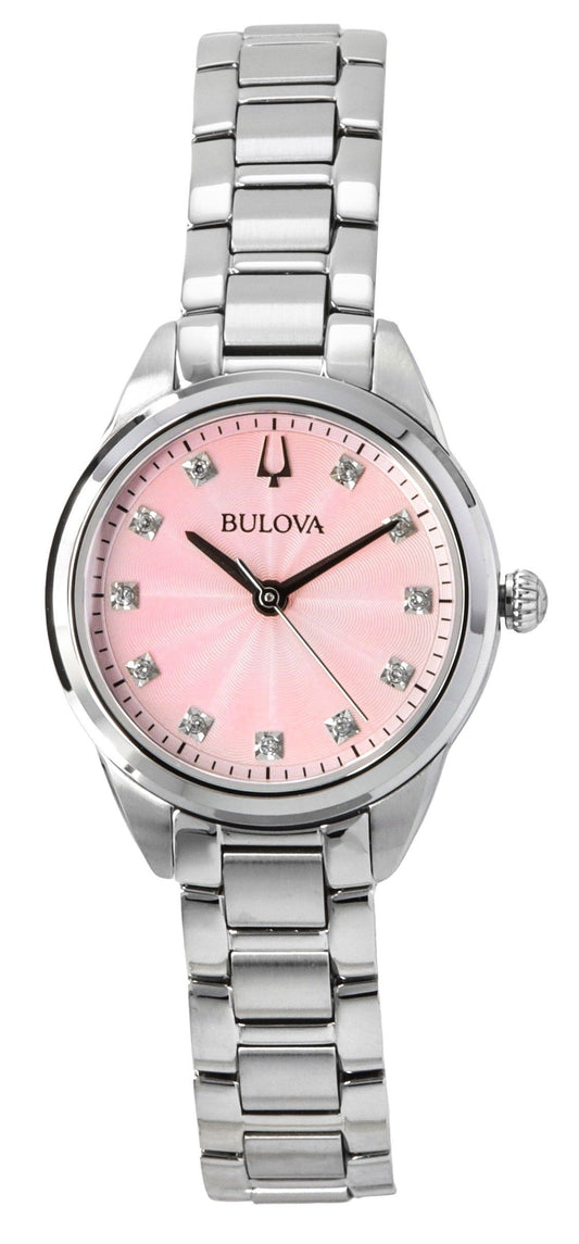 Bulova Sutton Stainless Steel Diamond Accents Pink Dial. A brand-new Bulova Sutton watch featuring a Pink dial and a Stainless steel strap. Front view.