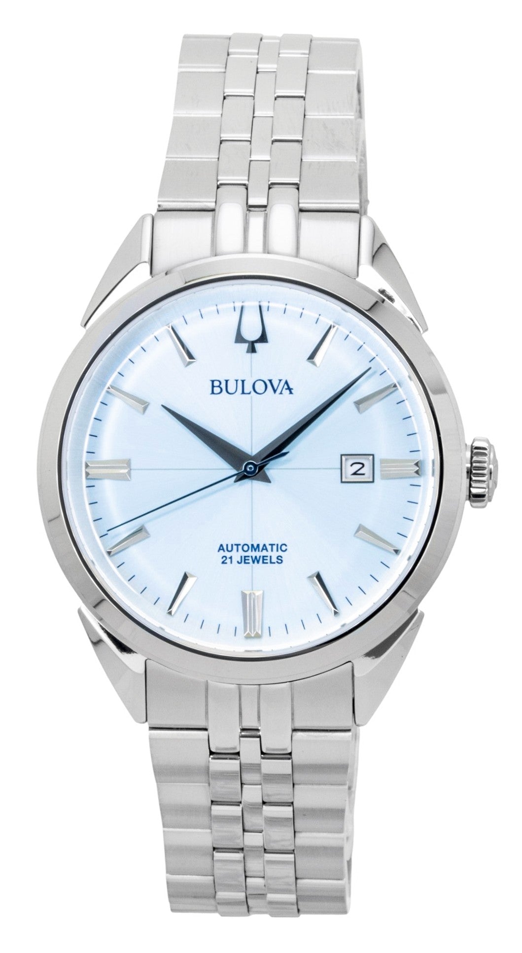 Bulova Sutton Stainless Steel Ice Blue Dial Automatic. A brand-new Bulova Sutton watch featuring a Blue dial and a Stainless steel strap. Angled view.