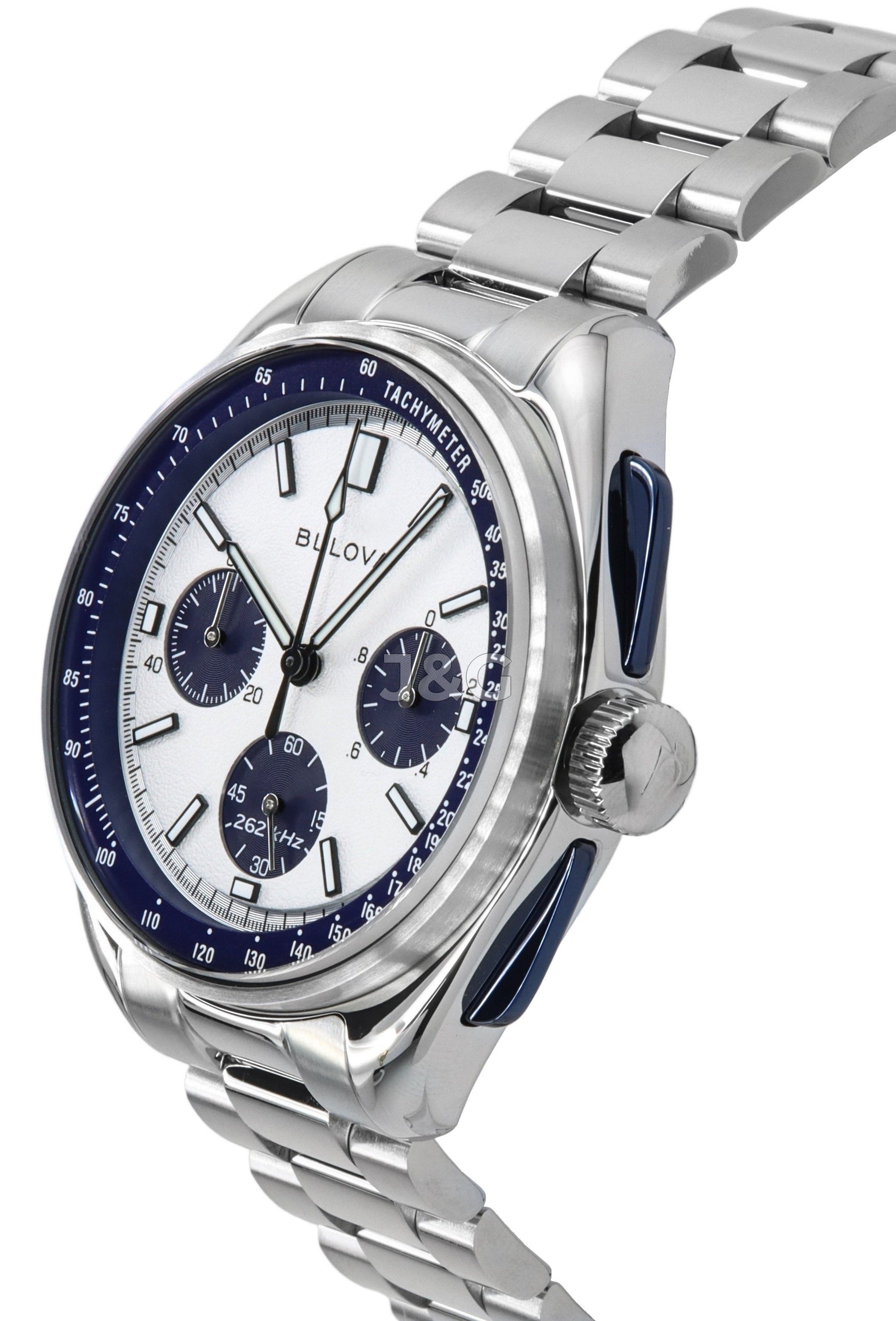 Bulova Archive Series Lunar Pilot Deployment clasp Silver Stainless steel Male 98K112. A brand-new Bulova Archive Series watch featuring a Silver dial and a Stainless steel strap. Front view. - view 3