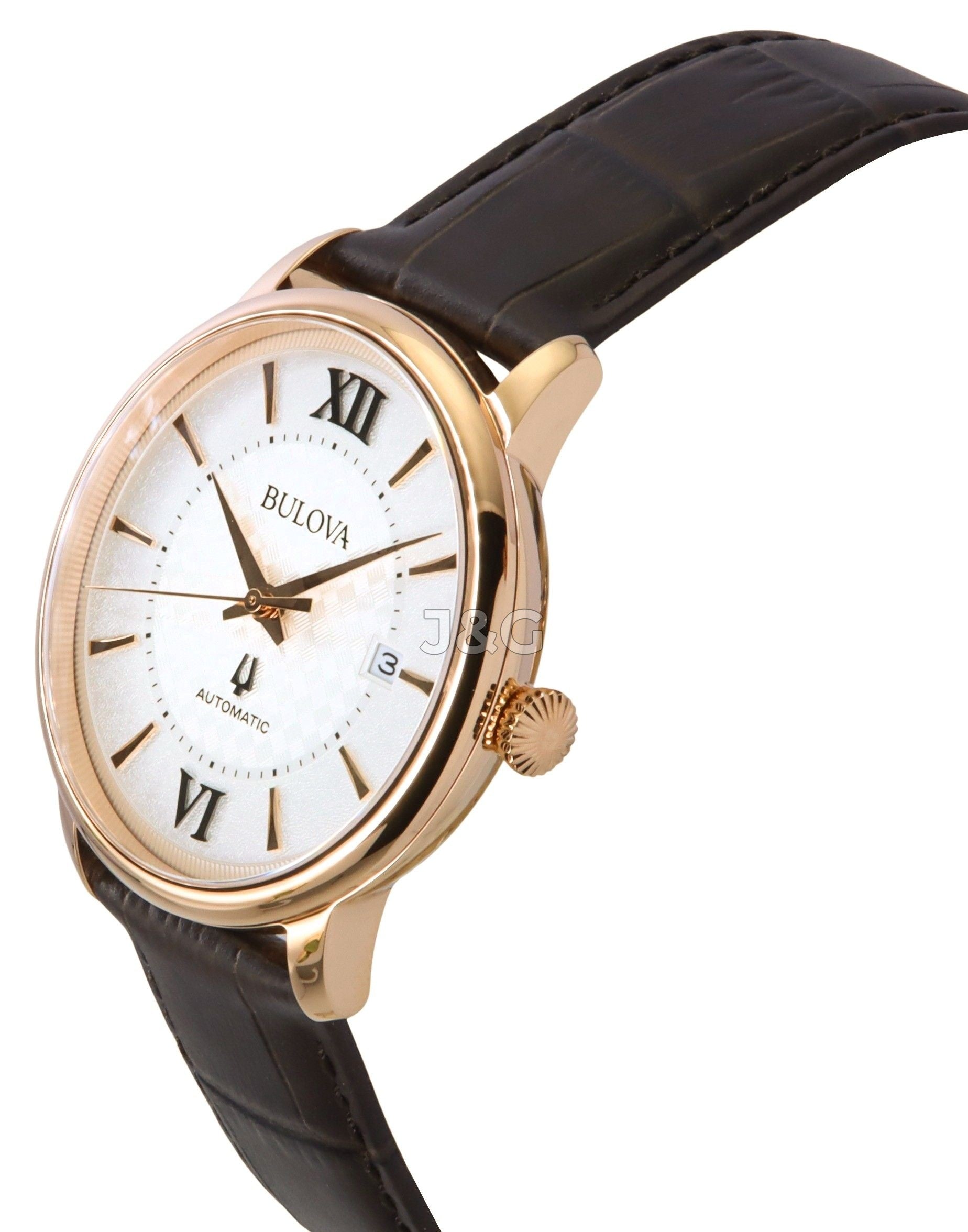 Bulova Automatic movement Silver Leather Male 97B225. A brand-new Bulova watch featuring a Silver dial and a Leather strap. Side view. - view 2