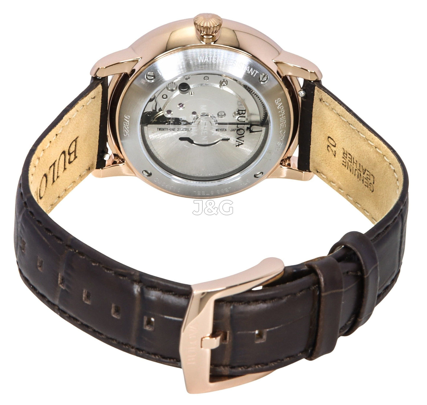 Bulova Automatic movement Silver Leather Male 97B225. A brand-new Bulova watch featuring a Silver dial and a Leather strap. Side view. - view 3