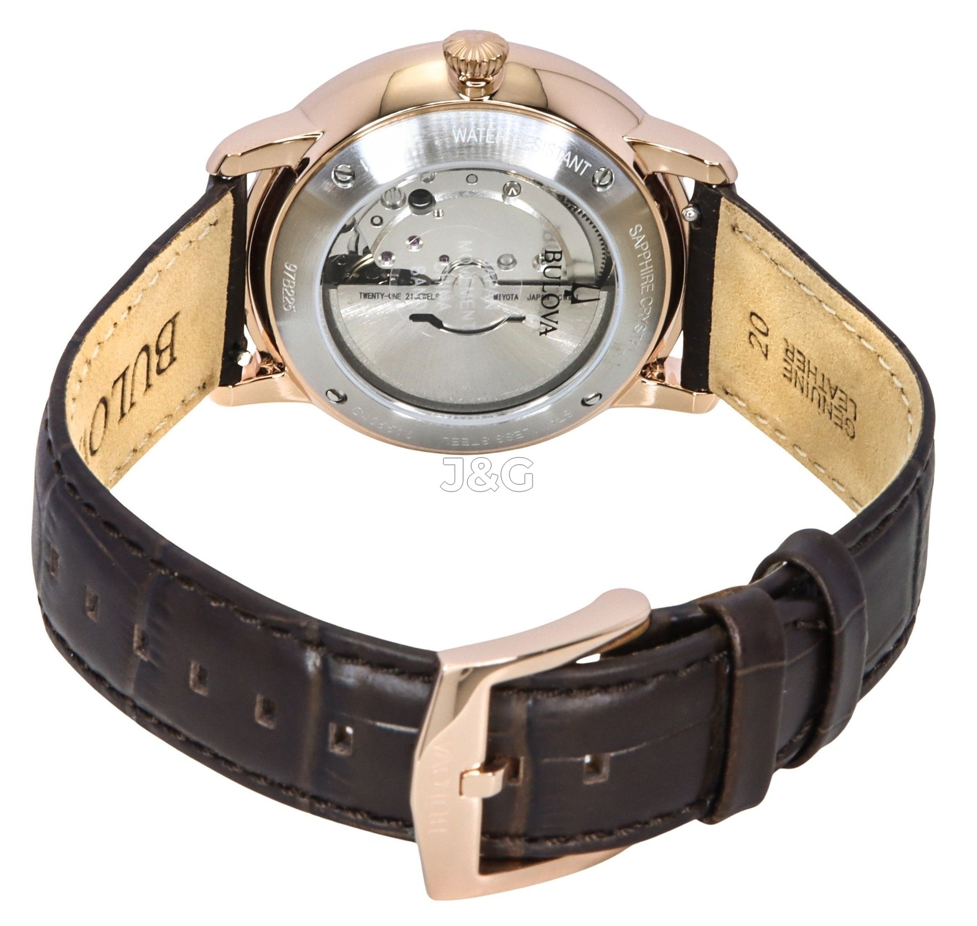 Bulova Automatic movement Silver Leather Male 97B225. A brand-new Bulova watch featuring a Silver dial and a Leather strap. Side view. - view 3