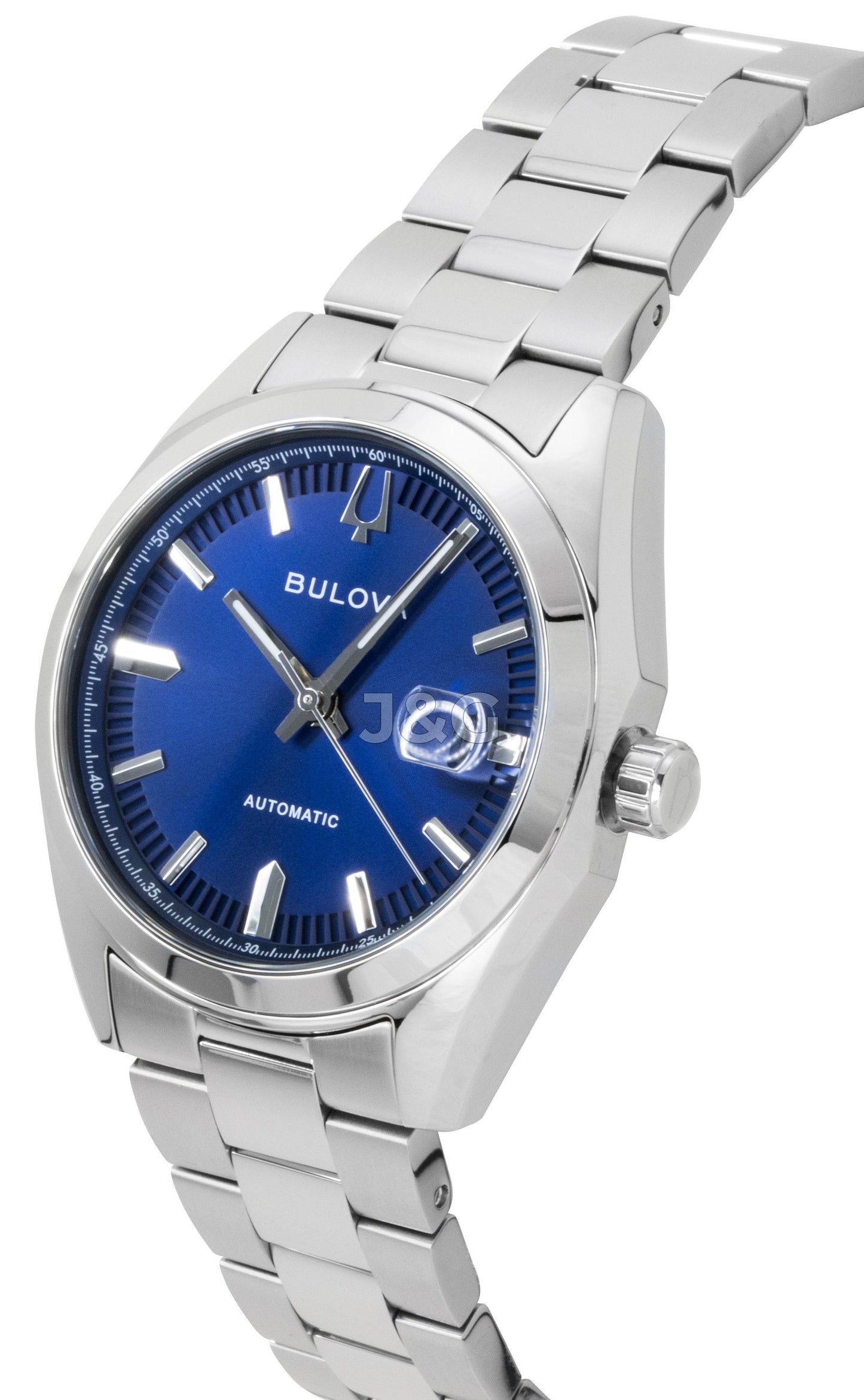 Bulova Automatic movement White Stainless steel Male 96B436. A brand-new Bulova watch featuring a White dial and a Stainless steel strap. Front view. - view 3