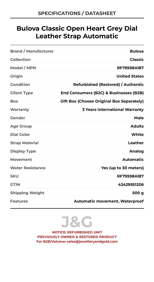 Bulova Classic Open Heart Grey Dial Leather Strap Automatic. A professionally refurbished Bulova Classic watch featuring a White dial and a Leather strap. Angled view. - MAIN_PH