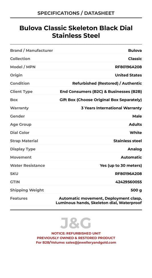 Bulova Classic Skeleton Black Dial Stainless Steel. A professionally refurbished Bulova Classic watch featuring a White dial and a Stainless steel strap. Angled view. - MAIN_PH